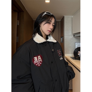港风美式全刺绣带毛翻领酒红保暖棉服男女 XZ213-MF06-P148控168图片
