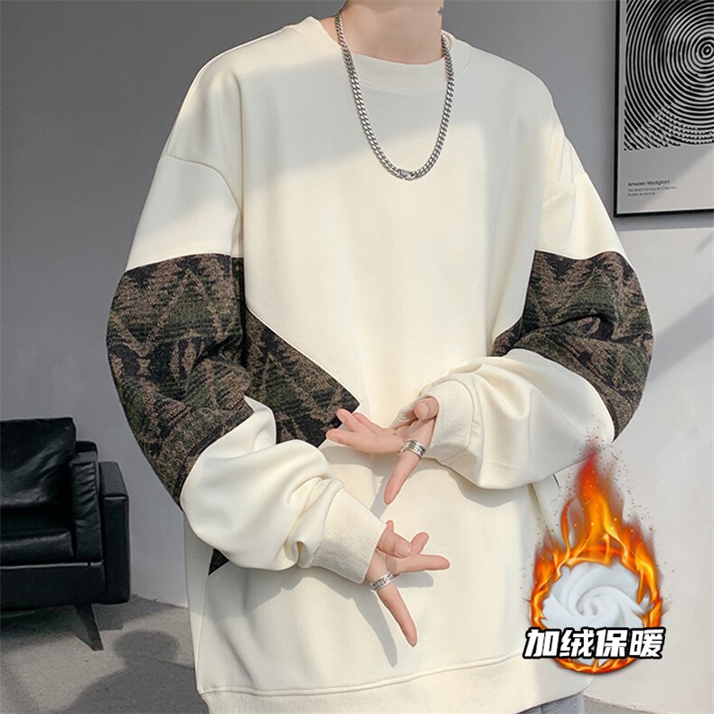 8XL-M民族风加绒加厚卫衣男款冬季拼接套头衫特大码外套WY005P58图片