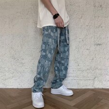 港风秋冬新款撞色牛仔裤潮青少年宽松百搭直筒男女裤子G280-p55图片