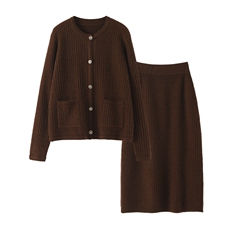 2025年秋季纽扣长袖圆领上衣两件套半身裙时尚百搭简约大方，女装套装/套裙，锦驼羊绒