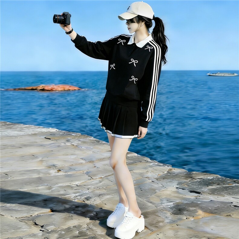 多巴胺休闲时尚套装女夏款洋气减龄蝴蝶结翻领上衣百褶短裙两件套,女装套装/套裙,江南