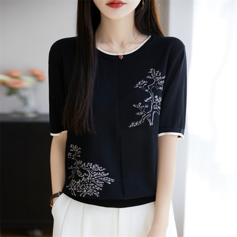 天丝针织短袖国风圆领提花T恤女2025夏新款宽松拼色薄款百搭上衣,女装T恤,昭美羊绒