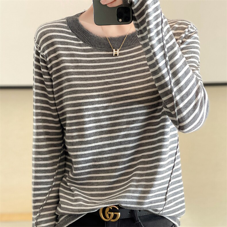 2022春秋新款软糯欧货精纺羊毛条纹针织衫女宽松圆领长袖打底毛衣,针织衫/毛衣,雪真羊绒