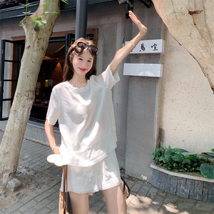 白色蕾丝拼接衬衫短裤套装女夏韩里韩气极简设计感两件套小众爆款图片