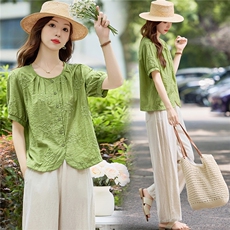 时尚棉麻短袖衬衫女2025夏季新款宽松显瘦遮肉刺绣小衫妈妈装上衣，女装套装/套裙，依万里