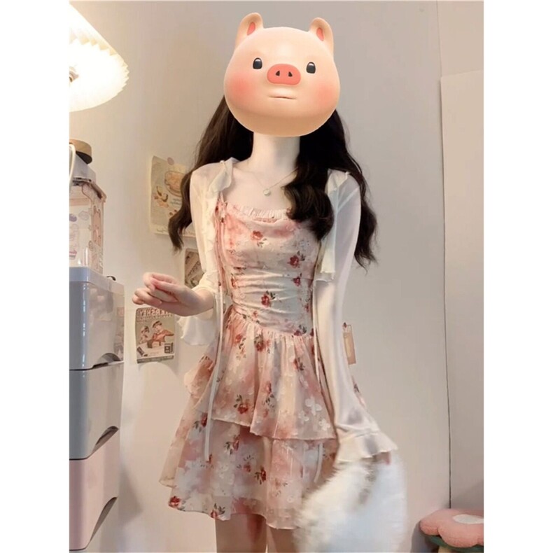 温柔风甜美收腰碎花吊带不规则连衣裙搭配针织开衫披肩女两件套装,女装套装/套裙,星座506A