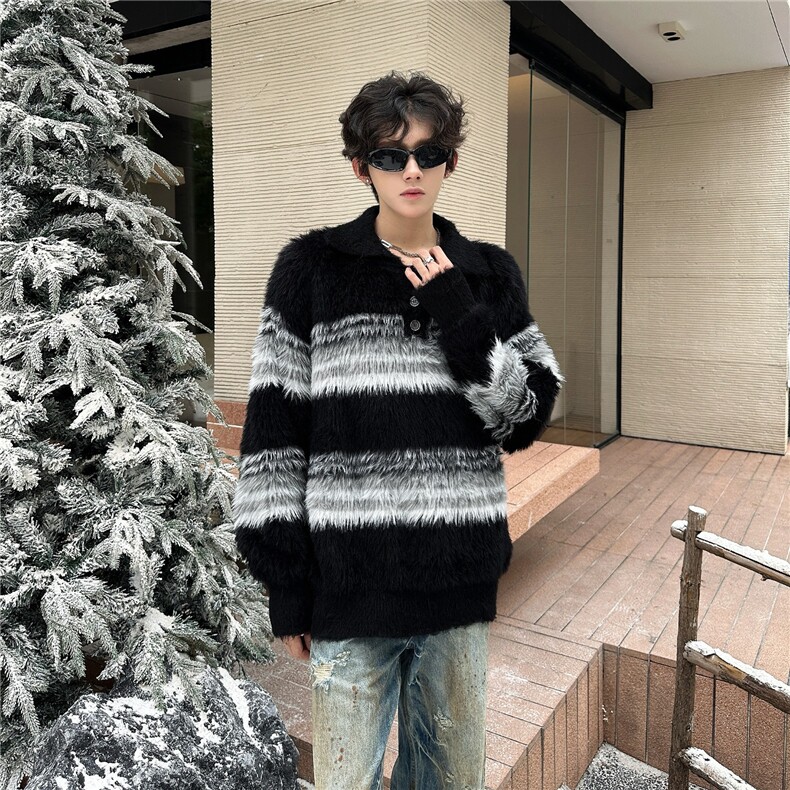 美式马海毛POLO领毛衣情侣秋冬宽松慵懒针织衫男潮LMY98199-P57,男装针织衫/毛衣,星座1008