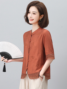 长期有货新款中式刺绣冰丝小衬衫上衣女中老年妈妈装时尚T恤女图片