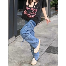 欧美hiphop裤子设计感高级感绑带开叉工装牛仔裤美式高街男拖地裤，男装牛仔裤，星座601-2