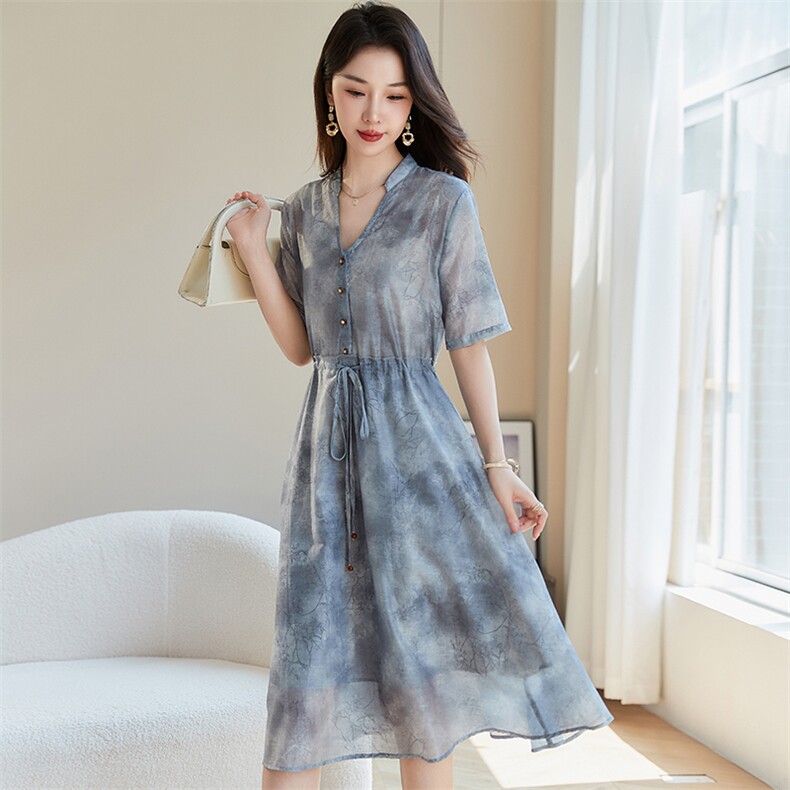 连衣裙女夏2024新款欧货宽松大码抽绳收腰显瘦a字中长款裙子,女装连衣裙,韩蔻秀