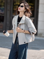 2025秋装新款提花拼接时尚宽松短款风衣外套，女装短外套，深水步