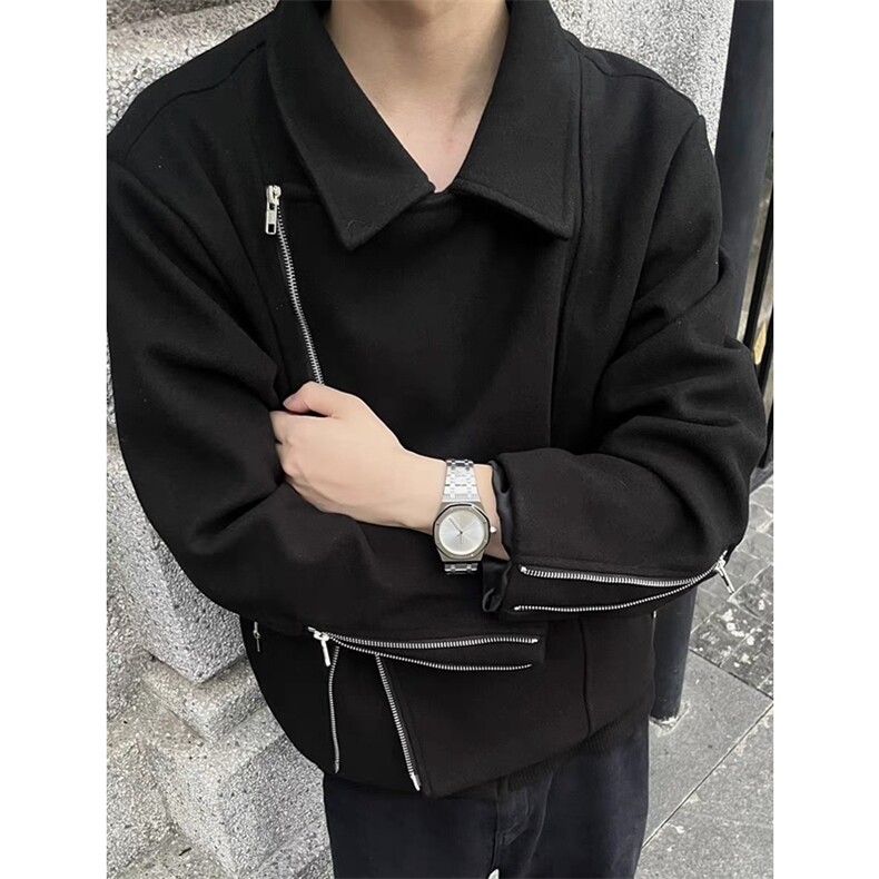 斜拉链解构设计感夹克短款黑色毛呢翻领外套DY193-P90,男装夹克,星座1213