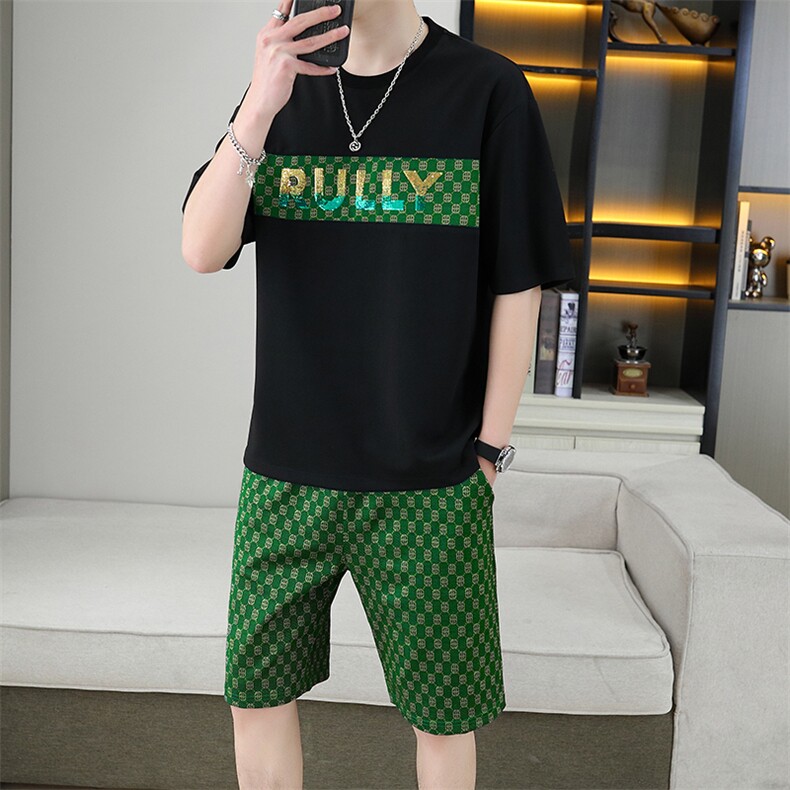 新款短袖t恤套装男夏季薄款休闲运动服潮牌印花华夫格短裤两件套,男装休闲套装,星座1801
