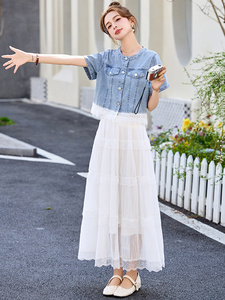 韩系穿搭一整套夏季新款绝美超仙高级感短袖牛仔上衣半身裙两件套图片