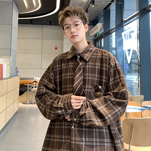 情侣美式复古徽章格子衬衫男长袖衬衣外套XZ225-3-CS03-P50控75图片