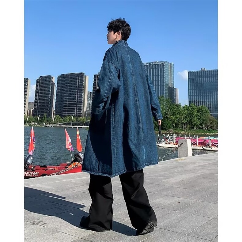 得物品质秋款男中长款牛仔大衣单排扣夹克大口袋拼色外套DY08P78,男装夹克,星座1013-1