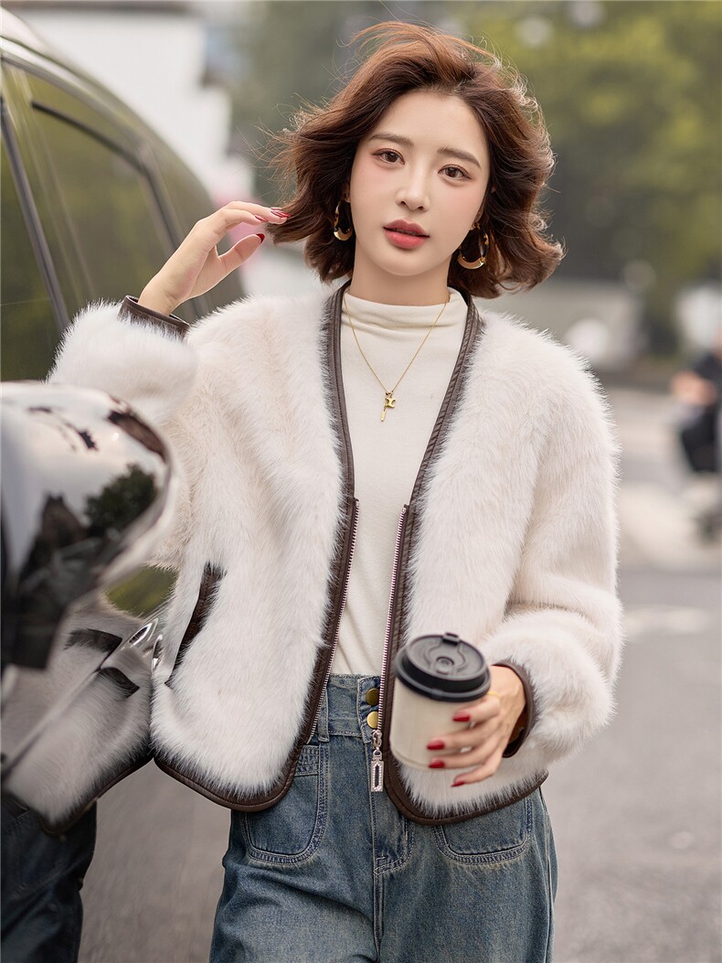 （bao款现货已出）冬季新款时尚PU皮拼接仿水貂毛皮毛一体短款,女装毛呢外套,难舍钰依