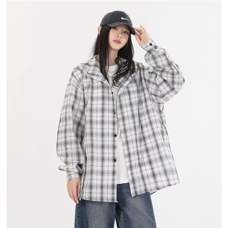 夏季美式格子长袖衬衫男女情侣潮牌宽松衬衣防晒外套CY1153-P55，男装防晒衣，星座412-3