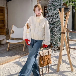 白色短款牛角扣PU皮拼接羽绒服女2025冬新款小个子加厚白鸭绒外套图片