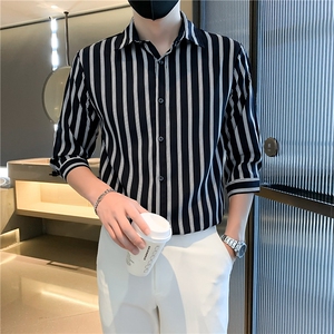 条纹七分袖衬衣新品轻熟风男装韩版修身高级感衬衫男士 C156-8-9图片