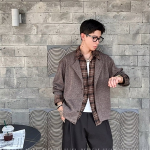 美式复古潮牌假两件拼接衬衫男春秋季高级感cleanfit针织开衫外套图片