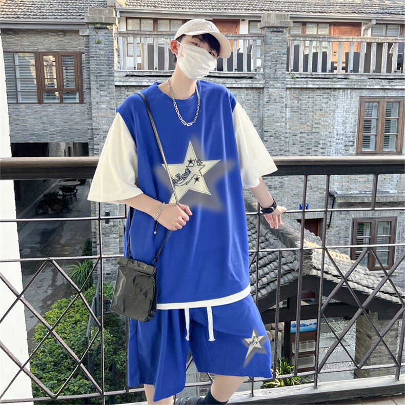 华夫格套装潮流休闲短袖短裤两件套FTZ3075-P55控78,男装牛仔裤,电商B370