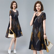 优雅复古印花连衣裙宽松显瘦短袖长裙舒适百搭，女装连衣裙，依恋蒂丝