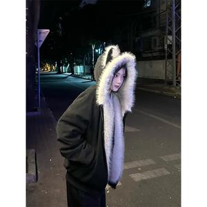 现货重磅硬挺boxy羽绒棉衣座山雕猫耳大毛毛领麂皮棉服冬外套图片