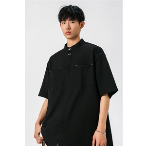 1新中式立领衬衫风暗扣工装大码M-5XL半袖衬衣男78013P48控78图片
