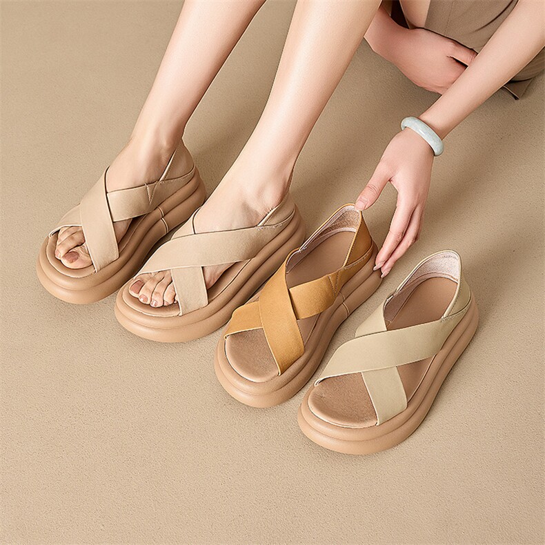 2024夏季真皮凉鞋女韩版宽条带包头外穿休闲女鞋厚底套口鱼嘴鞋女，女鞋凉鞋，电商A223