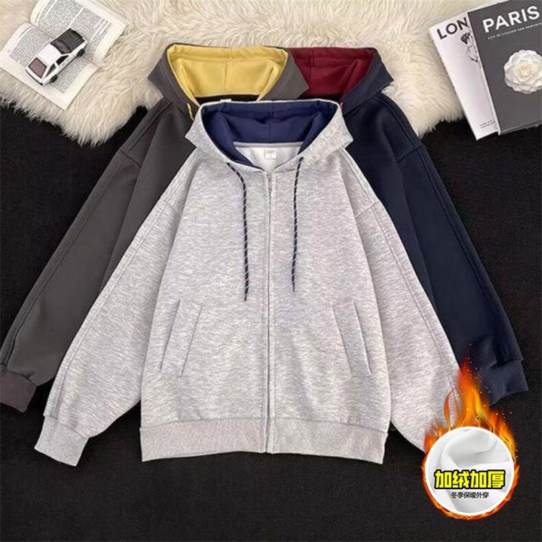 480G重磅加绒硬挺boxy男女秋冬美式高街双层撞色连帽卫衣开衫外套，女装短外套，电商A486