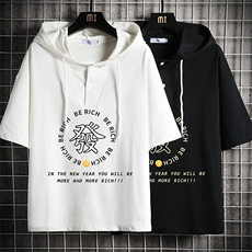 LD54163-P45连帽短袖t恤男大码胖子带帽五分袖中袖网格挂拍，男装T恤，电商A040A