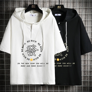 LD54163-P45 连帽短袖t恤男大码胖子带帽五分袖中袖 网格挂拍图片
