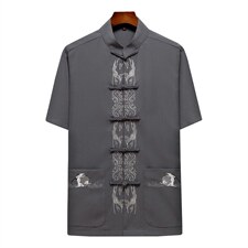 2023夏季新款唐装男士风套装短袖中年复古盘扣宽松舒适两件套，男装民族服装，电商B212（原钱塘6029）