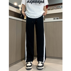 现货 品质重磅宽松直筒休闲条纹卫裤男拼接松紧腰阔腿女 K915-P50图片