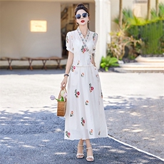 新中式民国风套装女2025夏新款时尚名媛高端V领印花半身裙两件套，女装套装/套裙，伊仟回