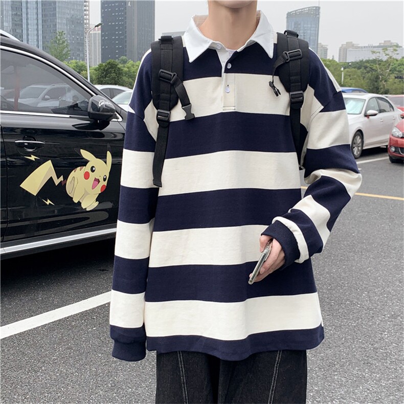 秋季超火ins条纹长袖polo衫卫衣宽松潮流情侣款体恤衫W1634-P35,男装卫衣,星座512-2
