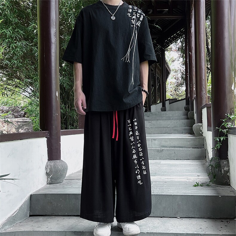 现货 新中式棉麻刺绣套装短袖上衣八分裤子TZ808-P95图片
