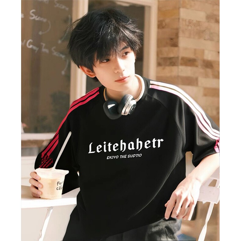 抖音得物品质二开240克宽松纯棉美式潮牌印花三条杠中性风短袖T恤，男装T恤，电商A486-1