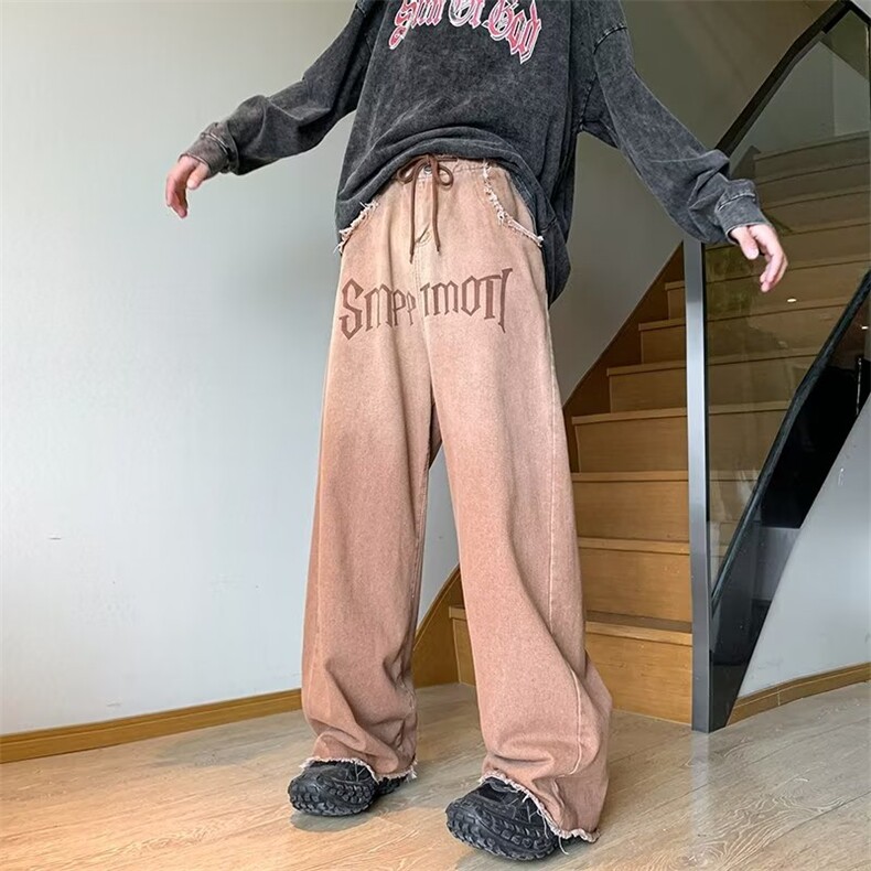 美式复古毛边设计感直筒牛仔裤男女高街牛仔裤N1483 P50图片