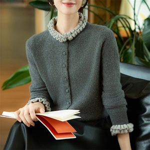 2025秋冬新款纯羊毛木耳边长袖针织开衫女设计感毛衣外套打底上衣图片