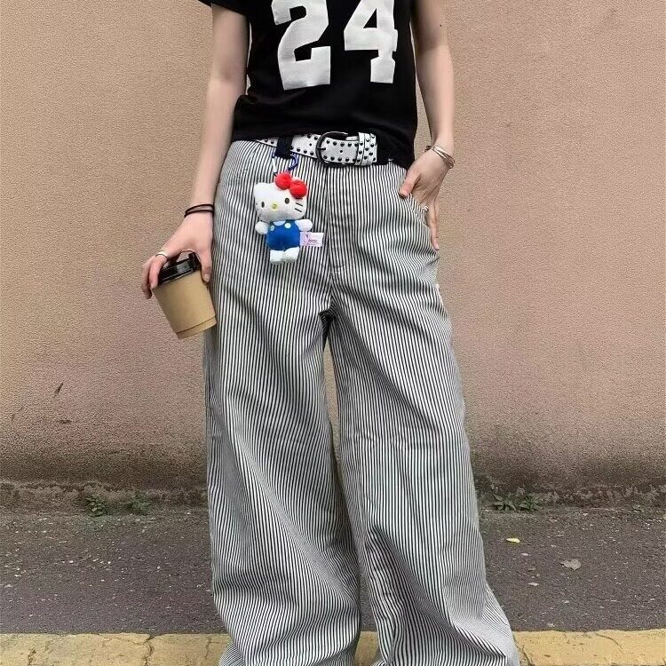 美式复古爱心刺绣竖条纹休闲裤男女小众宽松休闲阔腿拖地长裤简约,男装休闲裤,星座1210-1