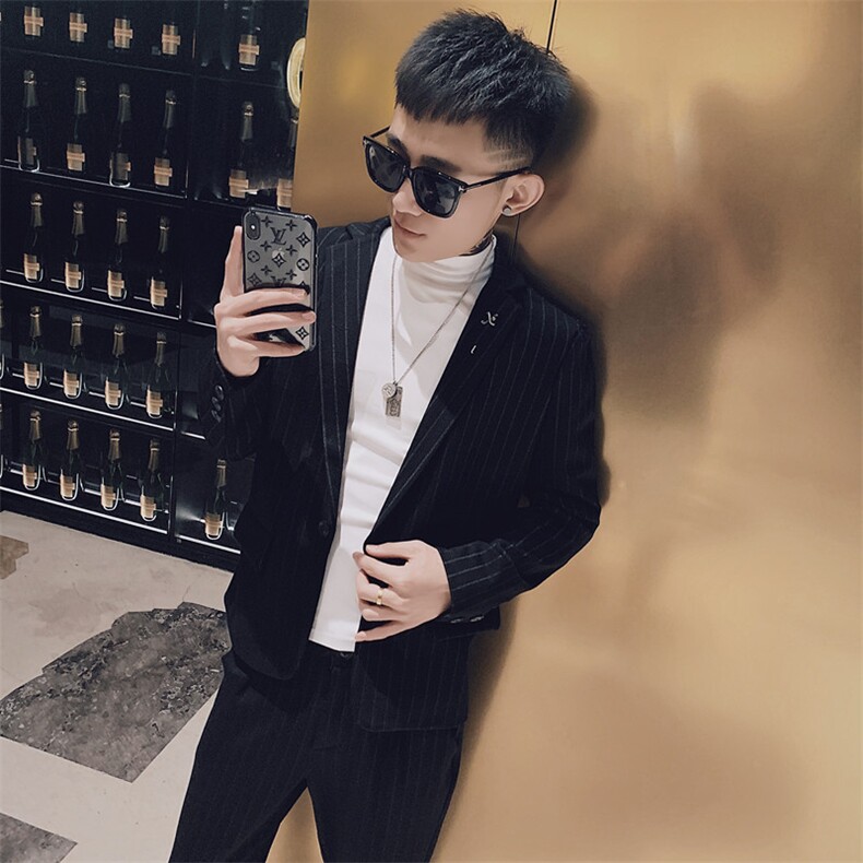 春款社会风小伙休闲商务条纹修身西服西装两件套装D969-P165控205,男装西服套装,星座308A