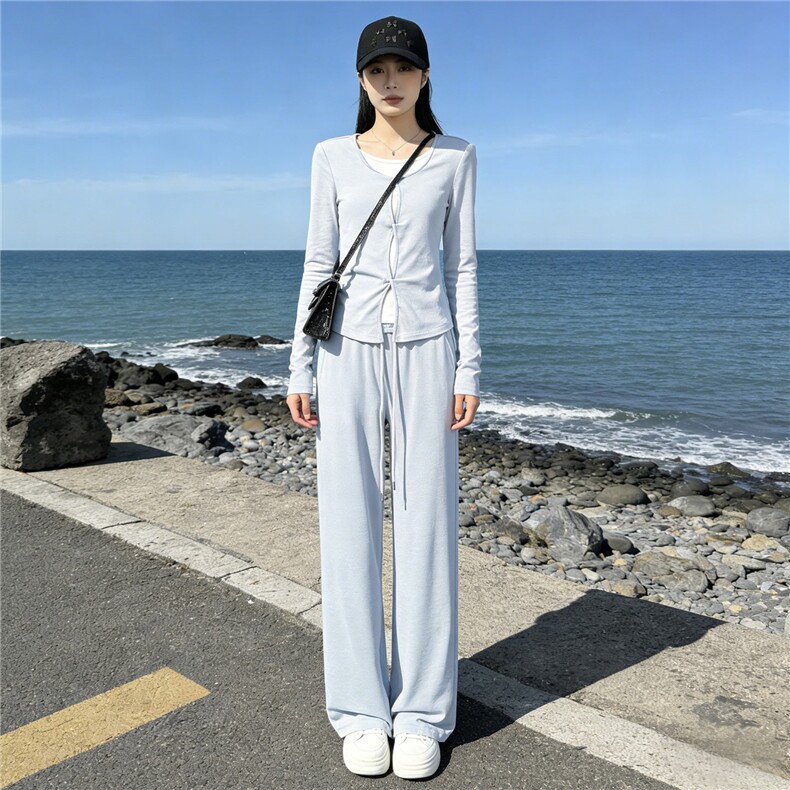 欧货休闲时尚套装女春季新款圆领拼接假两件短款上衣阔腿裤两件套,女装套装/套裙,江南