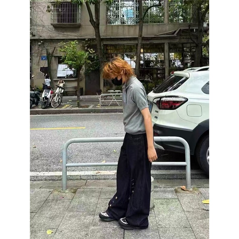 复古蓝色牛仔裤设计多排扣弯刀阔腿裤潮牌垂感拖地裤NZA395,男装牛仔裤,星座516A