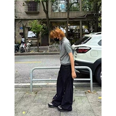 复古蓝色牛仔裤设计多排扣弯刀阔腿裤潮牌垂感拖地裤NZA395，男装牛仔裤，星座516A