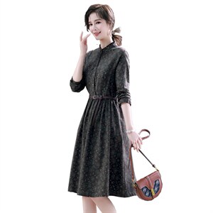 小个子休闲碎花棉麻连衣裙女2025春季新款气质收腰长袖纯棉裙子图片