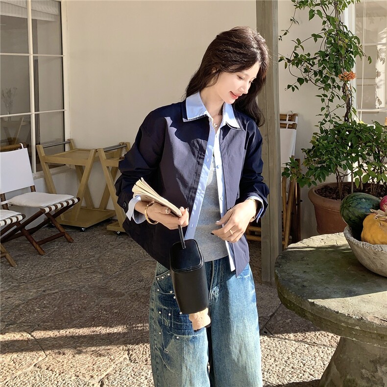 蓝色撞色衬衫领短款夹克外套女2026春秋新款韩系时髦减龄夹克显白,女装短外套,艾米莉亚