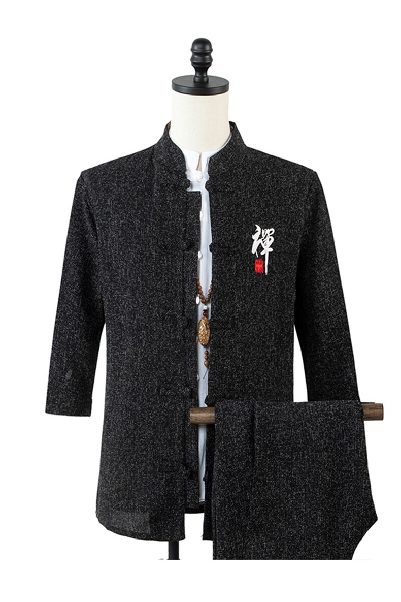 2021风夏季亚麻盘扣七分袖男士套装QT2026-1028#1001-P120,男装休闲套装,星座1512