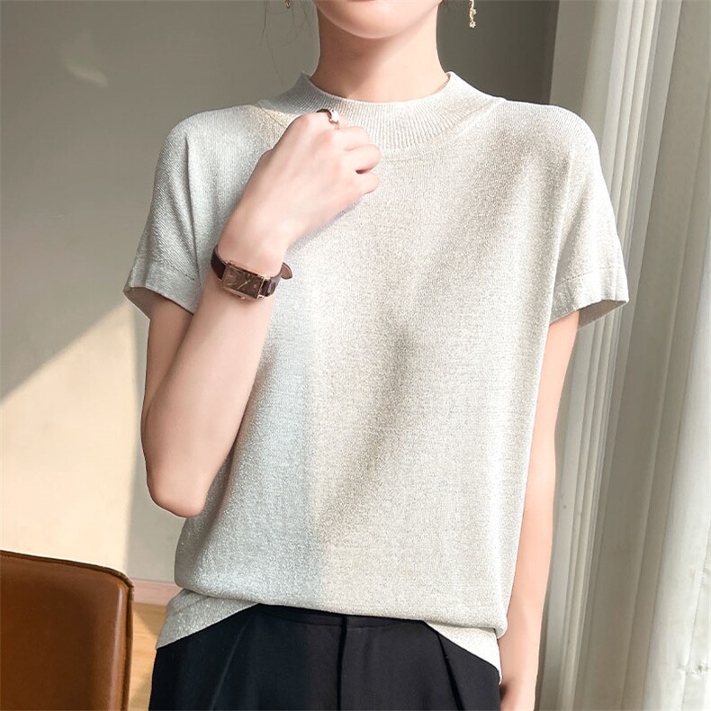 宽松休闲简约银丝半高飞袖冰丝面料，女装T恤，萱芳婷羊绒